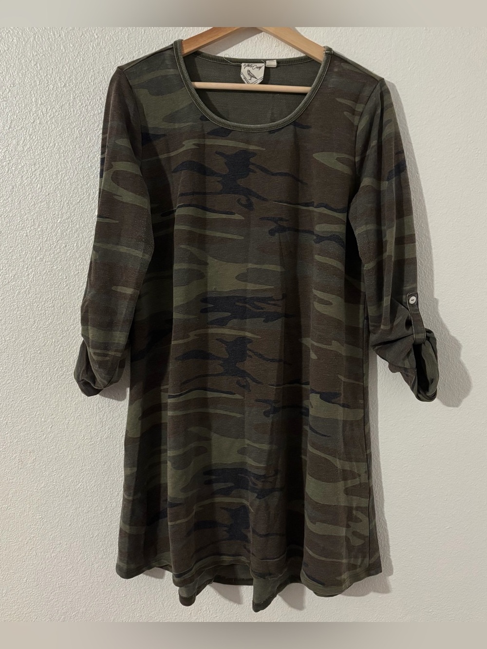White Crow Women’s Cotton Blend Green Camo Shirt Dress Roll Tab Sleeve Size Larg